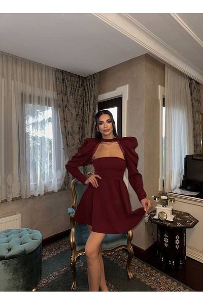 LOCH BUTİK ROCHIE MINI CU DETALIU DE DANTELĂ cu mâneci cu balon roșu Claret pentru femei