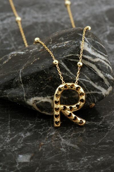 Sümer Telkari Kalpli Altın Kaplama R Harf Gümüş Balon Kolye 8054