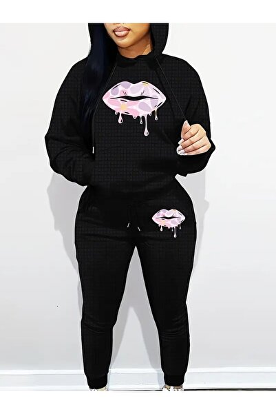 LAND MODA Γυναικεία φόρμα με στάμπα και κουκούλα