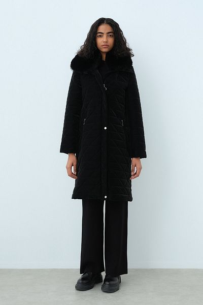 Nihan Quilted Black Coat with Fur Collar