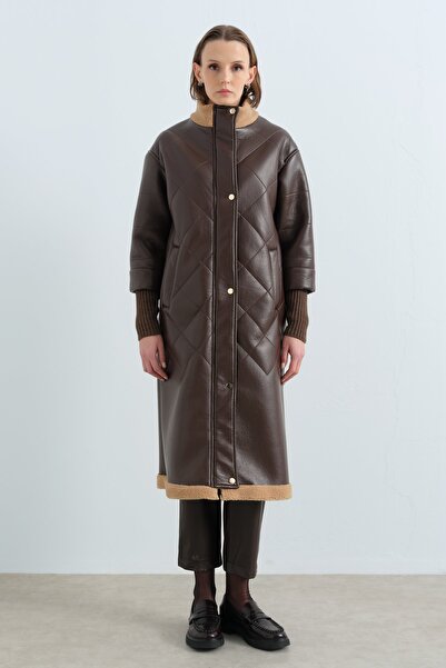 Nihan Kol Detaylı Deri Kaban Kahve