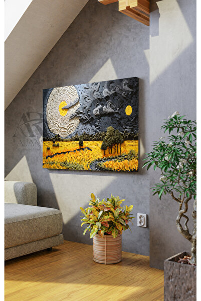 AR AJANS KANVAS TABLO Yıldızlı Gece Üzerinde Buğday Tarlası yaglı boya görünümlü Dekoratif kanvas TABLO