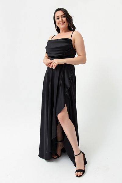 Lafaba Women's Black Flounce Slit Plus Size Satin Evening Dress Graduation Dress