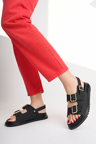meyra'nın ayakkabıları Women's Black Matte Adjustable Double Buckle Double Layer Sole Comfort Sandals