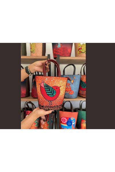 HOODİEMOUSE Bucket Model Bag with Bird Figure Ethnic Bohemian Style - Bordo