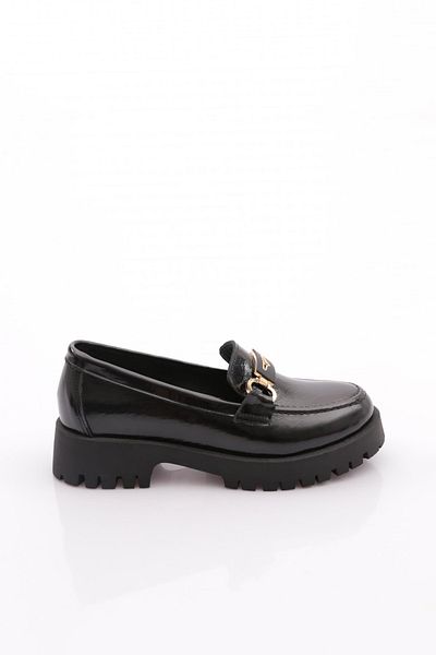 DGN Women's Buckle Thick Sole Loafer Shoes Genuine Leather Black Patent Leather 3966841
