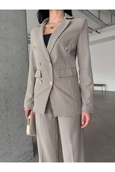 Female Clothing Düğmeli Pötikare Astarlı Blazer Ceket Bol Paça Kemerli Cepli ...