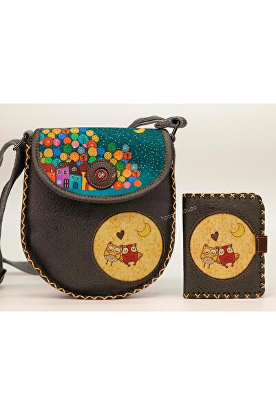 HOODİEMOUSE Owl Figured Design Cross Braided Arm Bag Anthracite and Wallet An...