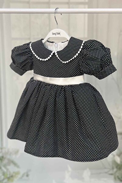 Bertuğ Bebek Bebe Yaka Dantelli Kız Çocuk Bebek Puantiyeli Pamuklu Siyah Beyaz Elbise