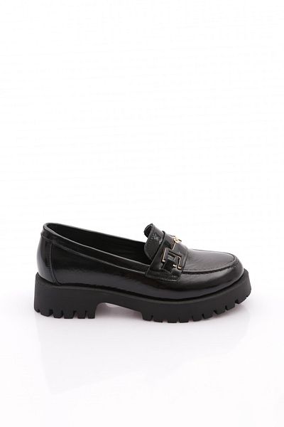 DGN Women's Loafer Shoes with Metal Accessories Genuine Leather Black Patent Leather 3965841