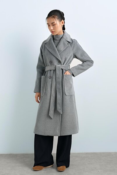 Nihan Kruvaze Kapama Kuşaklı Kaban Gri