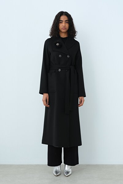 Nihan Asimetrik Yakalı Kuşaklı Kaban Siyah