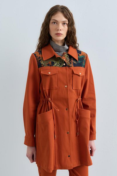 Nihan Orange Gabardine Jacket - Jacquard Detail