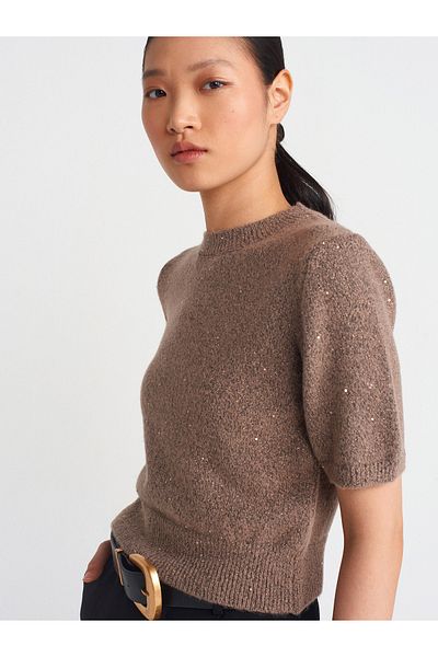 Dilvin 10703 Model Mink Knitwear Sweater - Crew Neck, Sequin and Glitter Detail