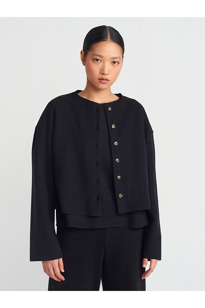 Dilvin 60426 Long Sleeve Corded Cardigan-Black