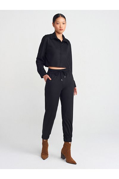 Dilvin 71594 Cuffed Jogger Suede Trousers-Black