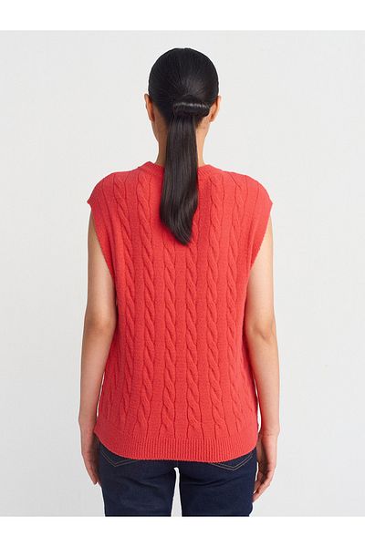 Dilvin 10674 Pulover roșu din tricotaje cu gât roșu - Detaliu tricotat de păr, textura moale