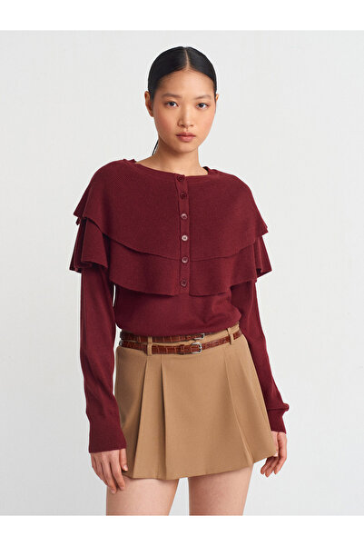 Dilvin 10657 Бордо плетен пуловер - с обло деколте, качулка и копчета