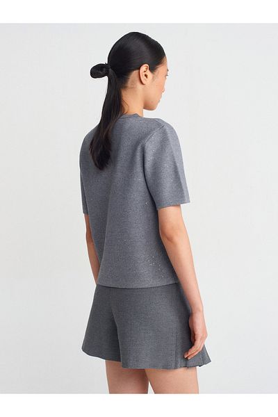 Dilvin 60920 Cardigan de tricotaj afumat - Gât turnat, paiete, buzunare, mărimea M