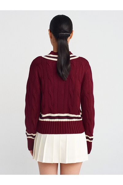 Dilvin 10698 V-Neck Striped Knitwear Sweater-Claret Red-Ecru