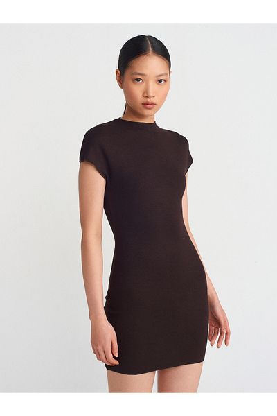 Dilvin 91305 Short Stretch Knitted Dress-Dark Brown