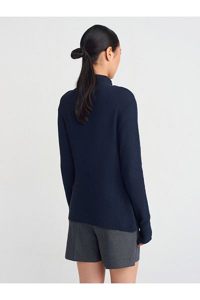 Dilvin 10681 Stand Collar Thin Textured Knitwear Sweater-Navy