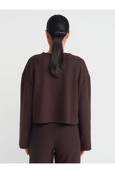 Dilvin 60426 Model Long Sleeve Corded Cardigan - Brown