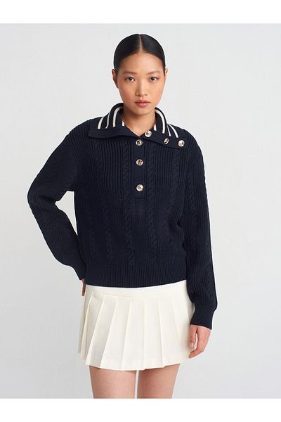 Dilvin 10690 Hair Braided Buttoned Striped Knitwear Sweater-Navy