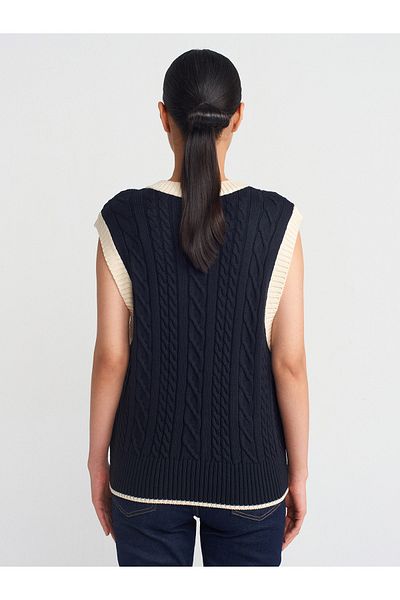 Dilvin 10691 V-Neck Braided Striped Knitwear Sweater-Navy Blue