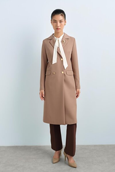 Nihan Metal Düğmeli Kruvaze Kapama Uzun Ceket Vizon