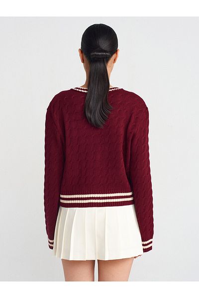 Dilvin 60945 Crew Neck Striped Buttoned Knitwear Cardigan-Claret Red-Ecru