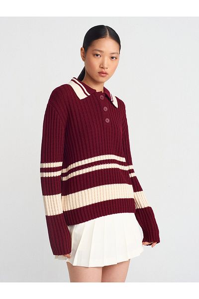 Dilvin 10695 Polo Neck Striped Buttoned Knitwear Sweater-Claret Red-Ecru