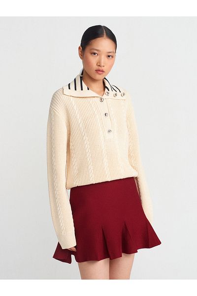 Dilvin 10690 Model Braided Striped Knitwear Sweater - Ecru-L.