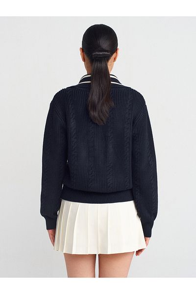 Dilvin 10690 Hair Braided Buttoned Striped Knitwear Sweater-Navy