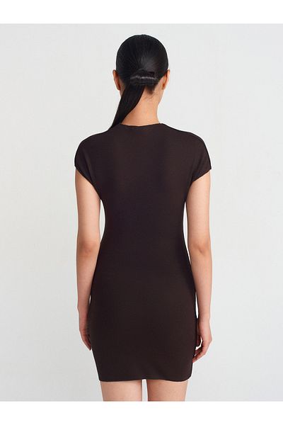 Dilvin 91305 Short Stretch Knitted Dress-Dark Brown