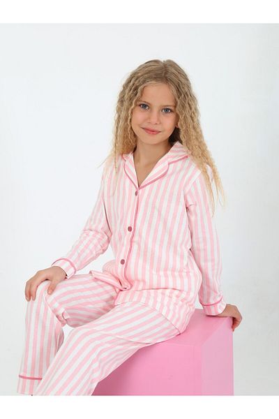 Elidabutik Pink Striped 100% Cotton Button Pajamas Set