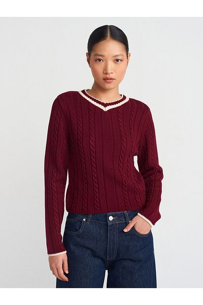Dilvin 10687 V-Neck Striped Hair Knit Knitwear Sweater-Burgundy-Ecru