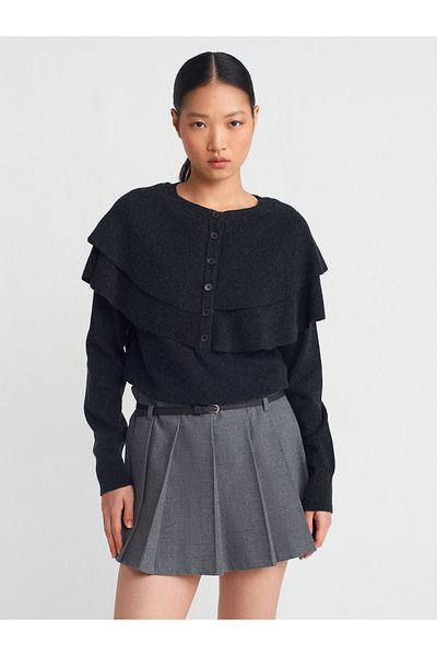 Dilvin 10657 Crew Neck Cloak Buttoned Knitwear Sweater-Anthracite