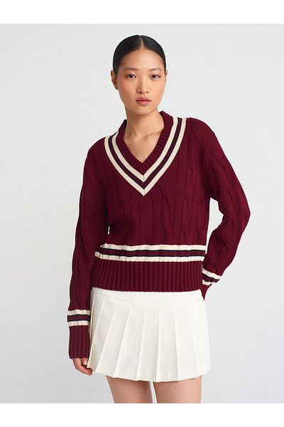 Dilvin 10698 V-Neck Striped Knitwear Sweater-Claret Red-Ecru
