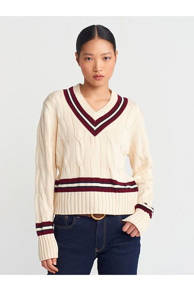 Dilvin 10698 V-Neck Striped Knitwear Sweater-Ecru-Claret Red