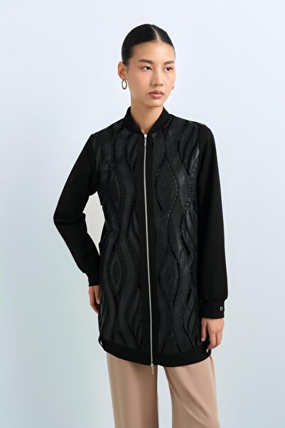 Nihan Deri ve Ribana Detaylı Bomber Ceket Siyah