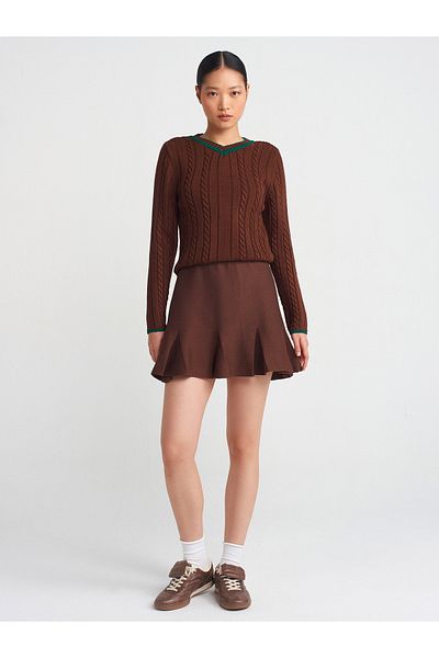 Dilvin 80121 Model - Brown Elastic Waist Thick Pleated Knitwear Skirt