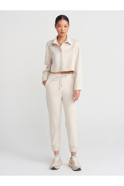 Dilvin 50493 Dökümlü Süet Crop Gömlek-Bej