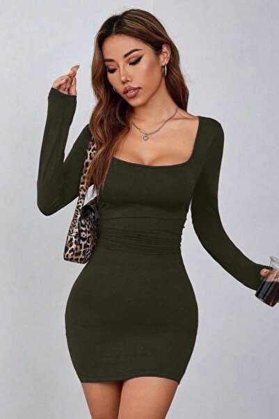 Şair Women's Long Sleeve Square Neck No Inner Showing Mini Dress