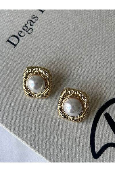 ringbox Gold White Pearl Quadrilateral Earrings