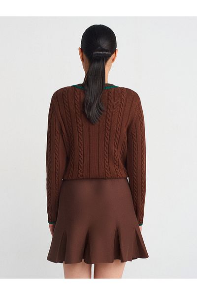 Dilvin 80121 Model - Brown Elastic Waist Thick Pleated Knitwear Skirt