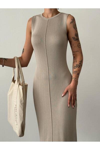 Kaktüs Kolsuz Midi Boy 130 cm Bisiklet Yaka Mevsimlik Gri Triko Elbise