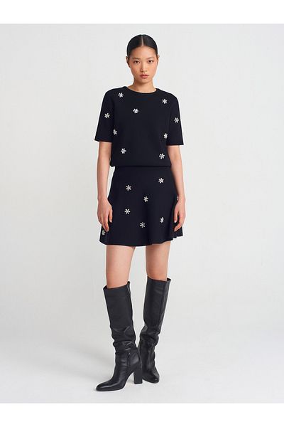 Dilvin 80119 Elastic Waist Handcrafted Stone Pearl Embroidered Knitwear Skirt-Black