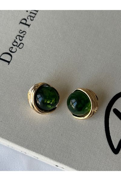 ringbox Gold Round Green Stone Earrings