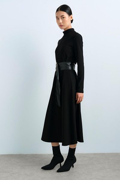 Nihan Belted Mobile Black Knitted Dress